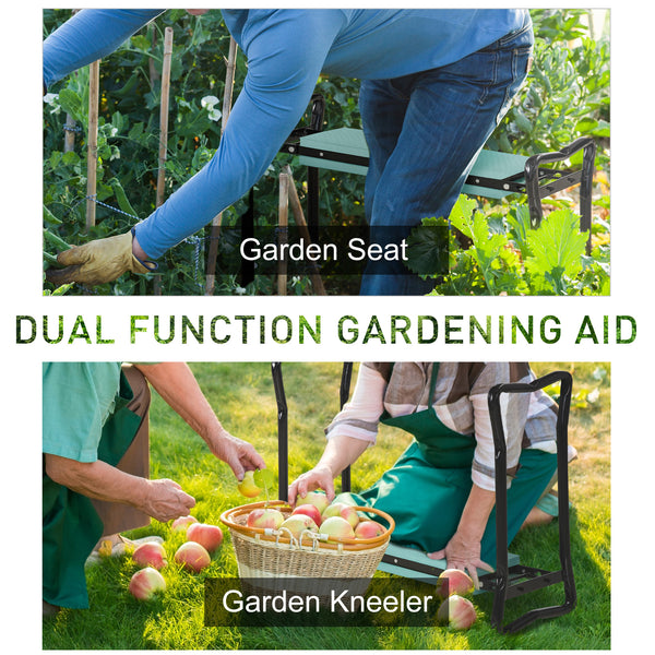 Folding garden stool with seat and knee rest, dark green