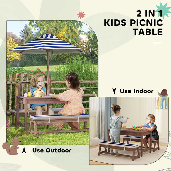 Wooden picnic table and bench set with removable parasol and cushions