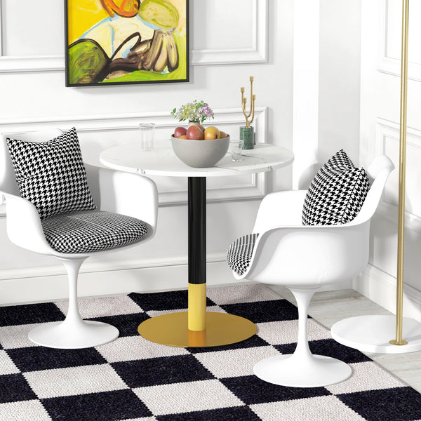 Round dining table with imitation marble top, steel base, white