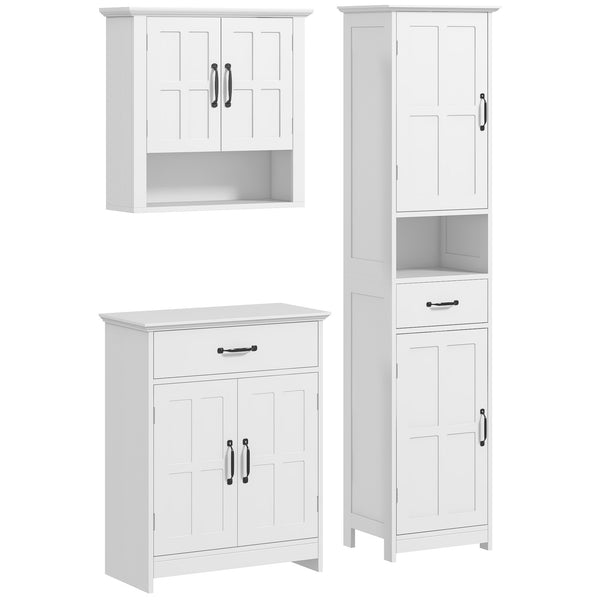 Modern 3-piece bathroom furniture set with drawers and shelves, white