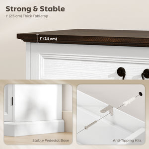 Farmhouse style buffet, thick top, soft-close drawer and adjustable shelf, white wood finish.