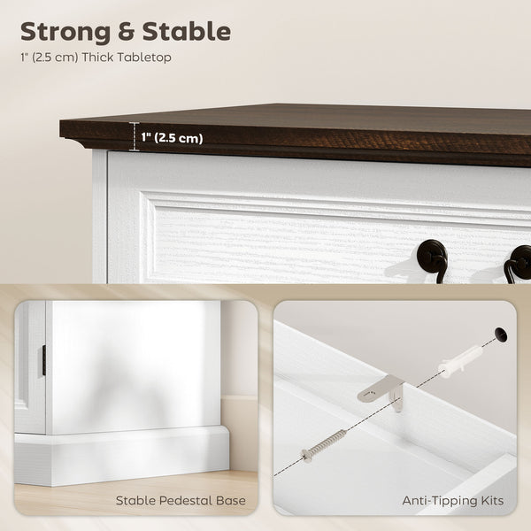 Farmhouse style buffet, thick top, soft-close drawer and adjustable shelf, white wood finish.