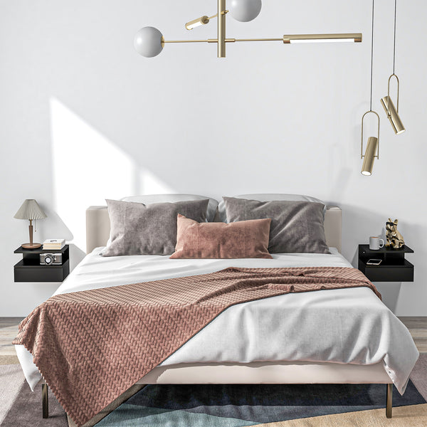 Set of 2 wall-mounted bedside tables with drawer and shelf, black