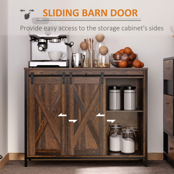 Industrial buffet with sliding barn doors, three drawers, and adjustable shelves, rustic brown