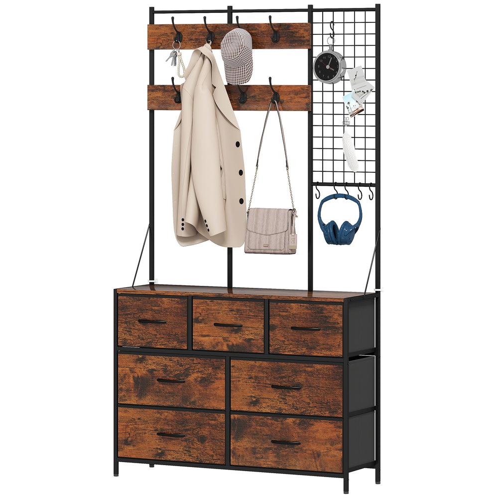 4-in-1 Coat Rack with Fabric Chest of Drawers, Rustic Brown 