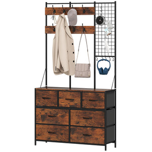 4-in-1 Coat Rack with Fabric Chest of Drawers, Rustic Brown 