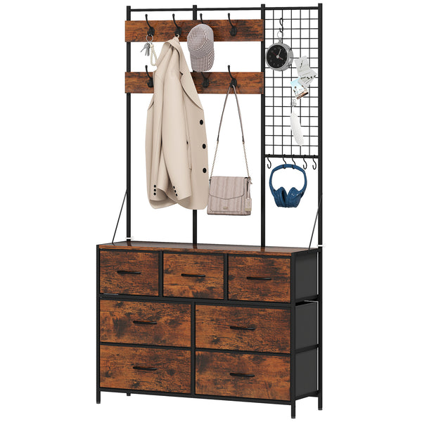 4-in-1 Coat Rack with Fabric Chest of Drawers, Rustic Brown 