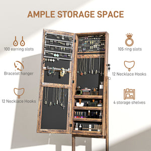 Lockable Jewelry Armoire with Full-Length Mirror and Jewelry Storage, Rustic Brown