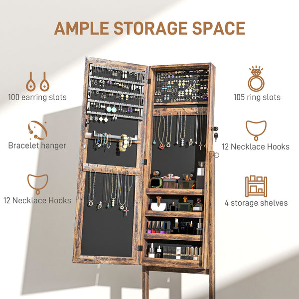 Lockable Jewelry Armoire with Full-Length Mirror and Jewelry Storage, Rustic Brown