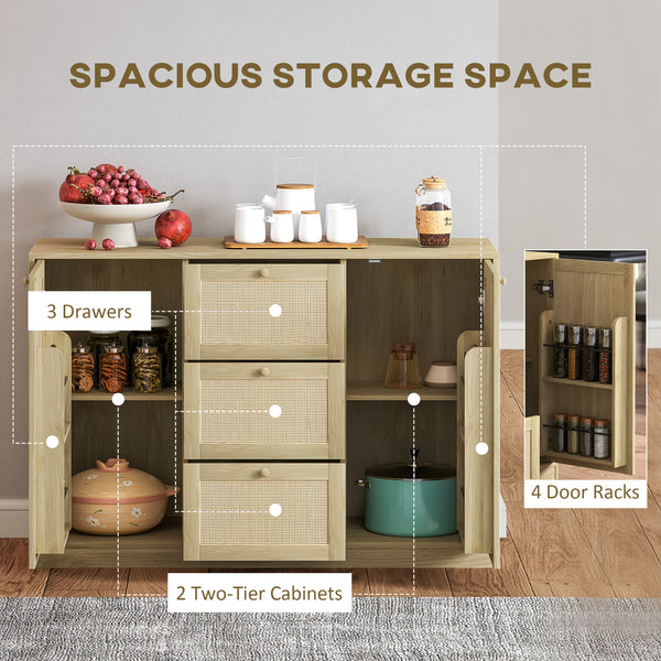 Boho Sideboard with 3 Drawers, 2 Adjustable Shelves and 4 Shelves, Natural