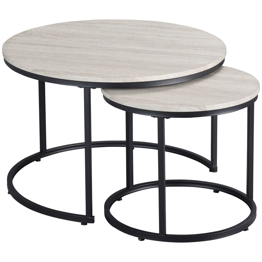 Set of 2 round coffee tables with metal frame, gray wood grain