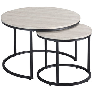 Set of 2 round coffee tables with metal frame, gray wood grain