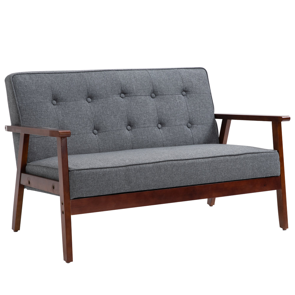2 seater upholstered sofa with tufted backrest and wooden legs, grey