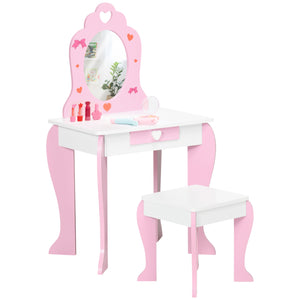 Dressing table and chairs set with drawer and mirror, pink