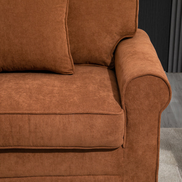 Modern 3-seater sofa in corduroy fabric with rolled arms, brown