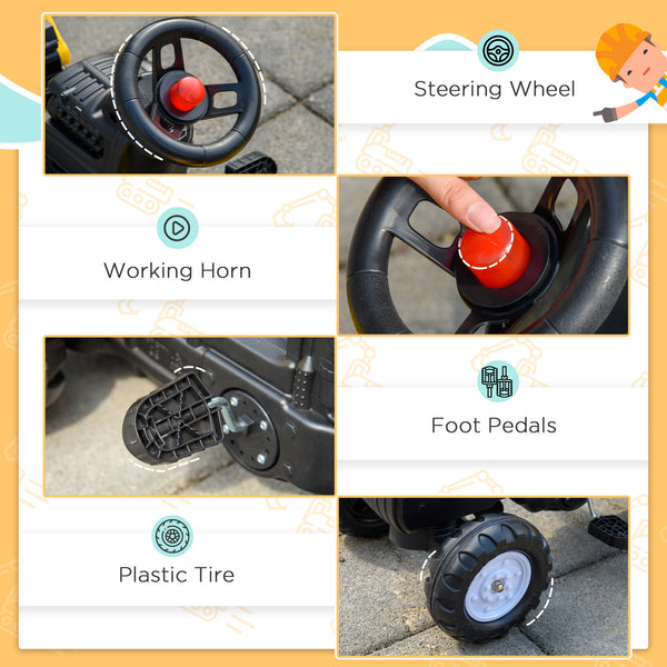 Pedal tractor with horn and removable trailer, yellow