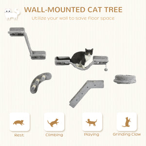 Wall-mounted cat shelves with scratching post, ladder and basket