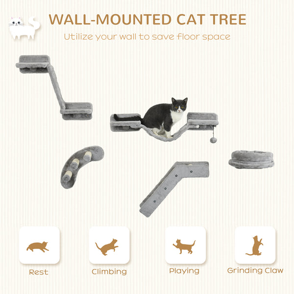 Wall-mounted cat shelves with scratching post, ladder and basket