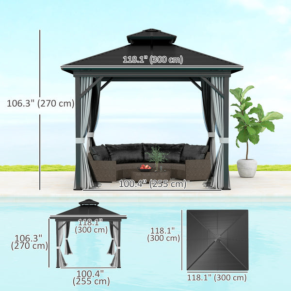 10x10 Gazebo with Double-Tier Metal Roof, Mosquito Netting, and Hanging Hook, Light Gray