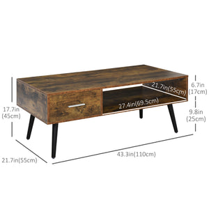 Retro coffee table with storage shelf and drawer, rustic brown