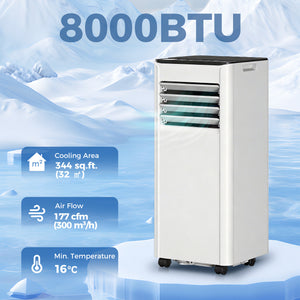8,000 BTU Portable Air Conditioner with Dehumidifier, Fan, and Wi-Fi Voice Remote for Rooms up to 344 sq ft