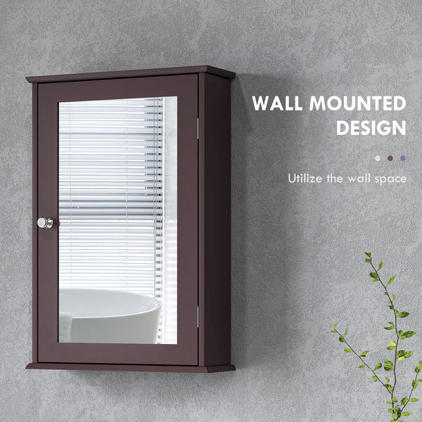 Wall-mounted medicine cabinet with door and shelves, dark brown