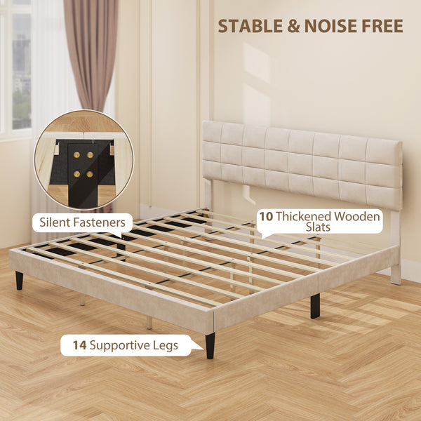 King size bed frame with upholstered headboard with wooden slats, cream color