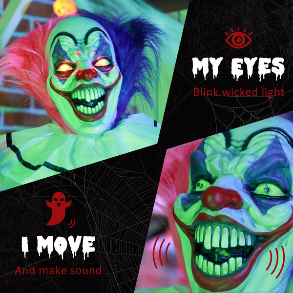 68-inch Animated Halloween Clown with Red LED Eyes, Sounds, and Motion – Black, White, and Pink