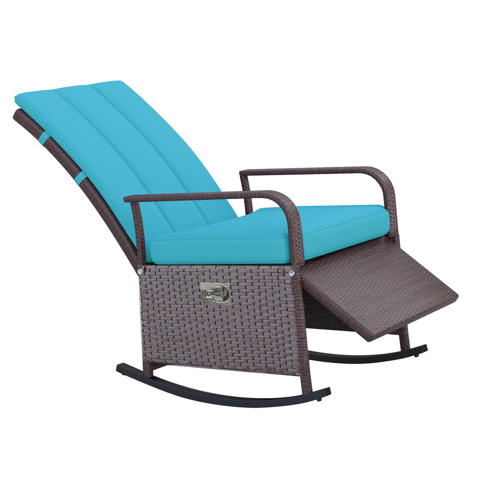 Synthetic rattan rocking chair with cushion, adjustable footrest and armrests, turquoise