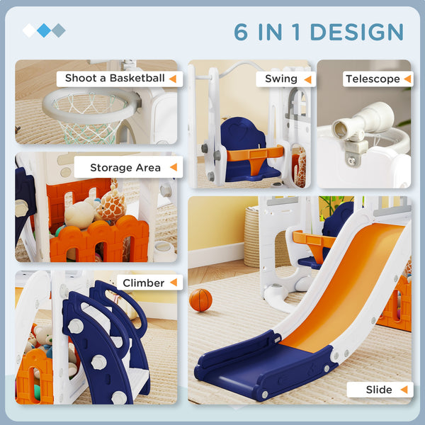 Qaba 6-in-1 Indoor Play Set with Slide, Swing, Basketball Hoop, Climbing Structure, Storage Space and Telescope