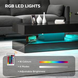 Coffee table with adjustable LED lighting, 2 drawers, open shelf, remote control, glossy black