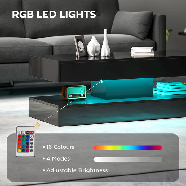 Coffee table with adjustable LED lighting, 2 drawers, open shelf, remote control, glossy black
