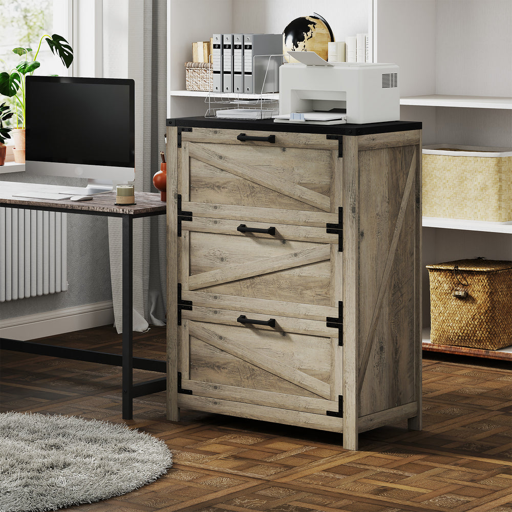 Country Style 3 Drawer Filing Cabinet with Adjustable Hanging Bars for Letter, A4, Legal Size, Grey