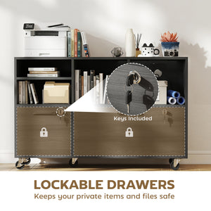 Mobile filing cabinet with charging station, locking drawers, and file storage, dark gray