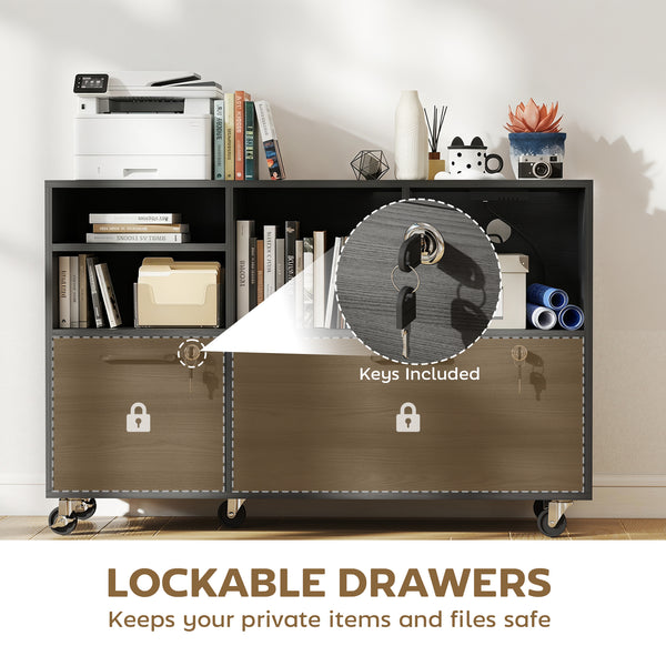 Mobile filing cabinet with charging station, locking drawers, and file storage, dark gray