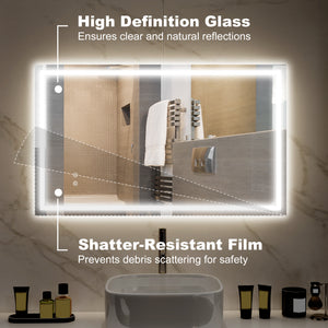 Bathroom mirror with LED lighting, anti-fog coating and touch button 