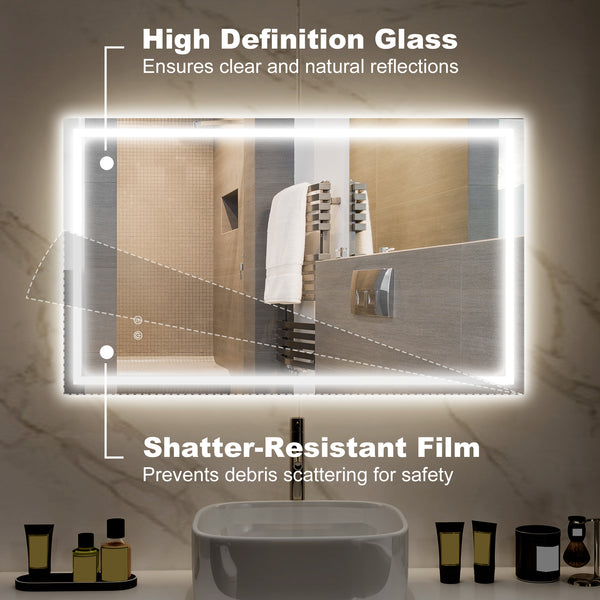 Bathroom mirror with LED lighting, anti-fog coating and touch button 