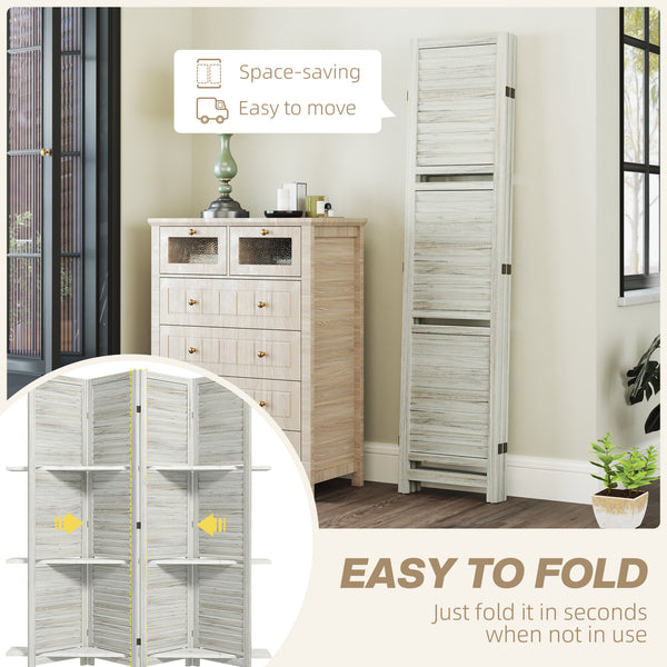 4-Panel Room Divider with 3 Storage Shelves, Distressed White