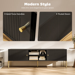 TV stand for TVs up to 65 inches, multimedia center with 2 open shelves, 2 cupboards and steel legs for living room, black