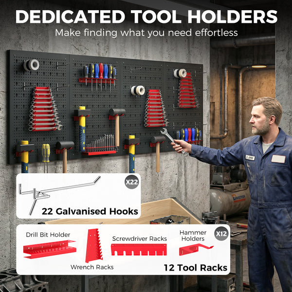 Steel wall tool organizer with 4 panels, 12 holders and 22 hooks – Black and red
