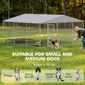 Reinforced dog kennel with roof, 13.1 x 13.1 ft