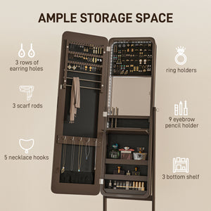 Standing jewelry cabinet with mirror, LED lighting, brown