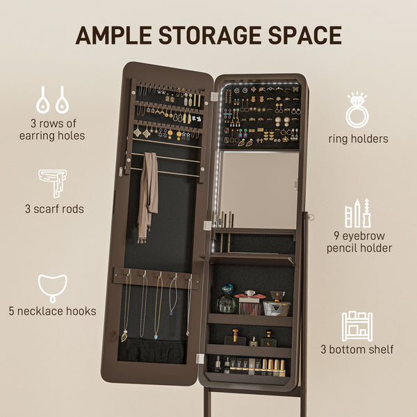 Standing jewelry cabinet with mirror, LED lighting, brown