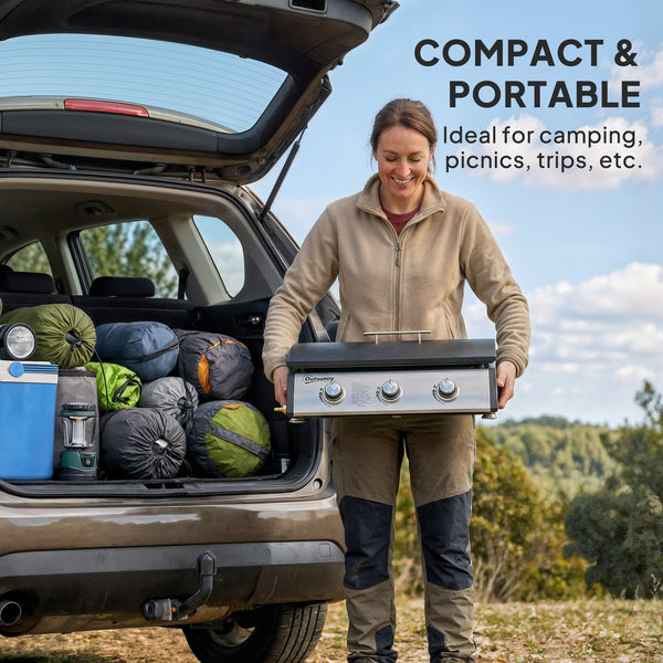 3-Burner Liquid Gas Barbecue, Portable and Tabletop, Ideal for Camping and Picnics, Silver.