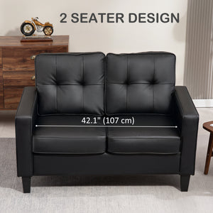 Double Upholstered Faux Leather Loveseat with Armrests, Black