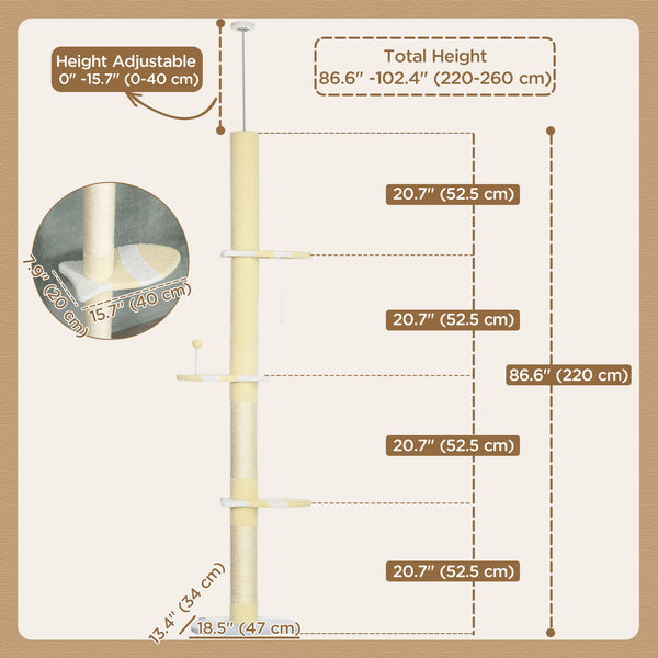 221-259cm Cat Tree with Scratching Posts, Perches and Play Ball, Yellow