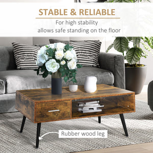 Retro coffee table with storage shelf and drawer, rustic brown