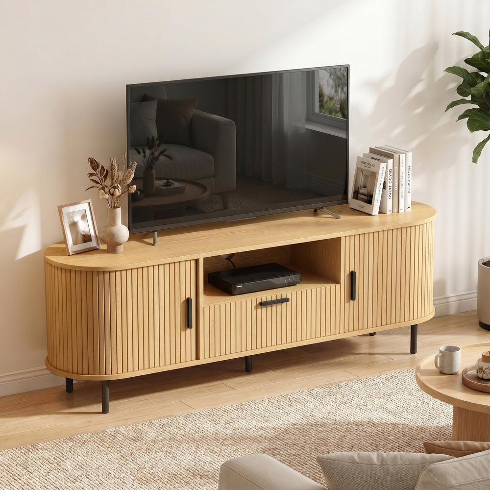 TV Stand for TVs up to 60 inches with Curved Sliding Doors and Storage, Natural Wood