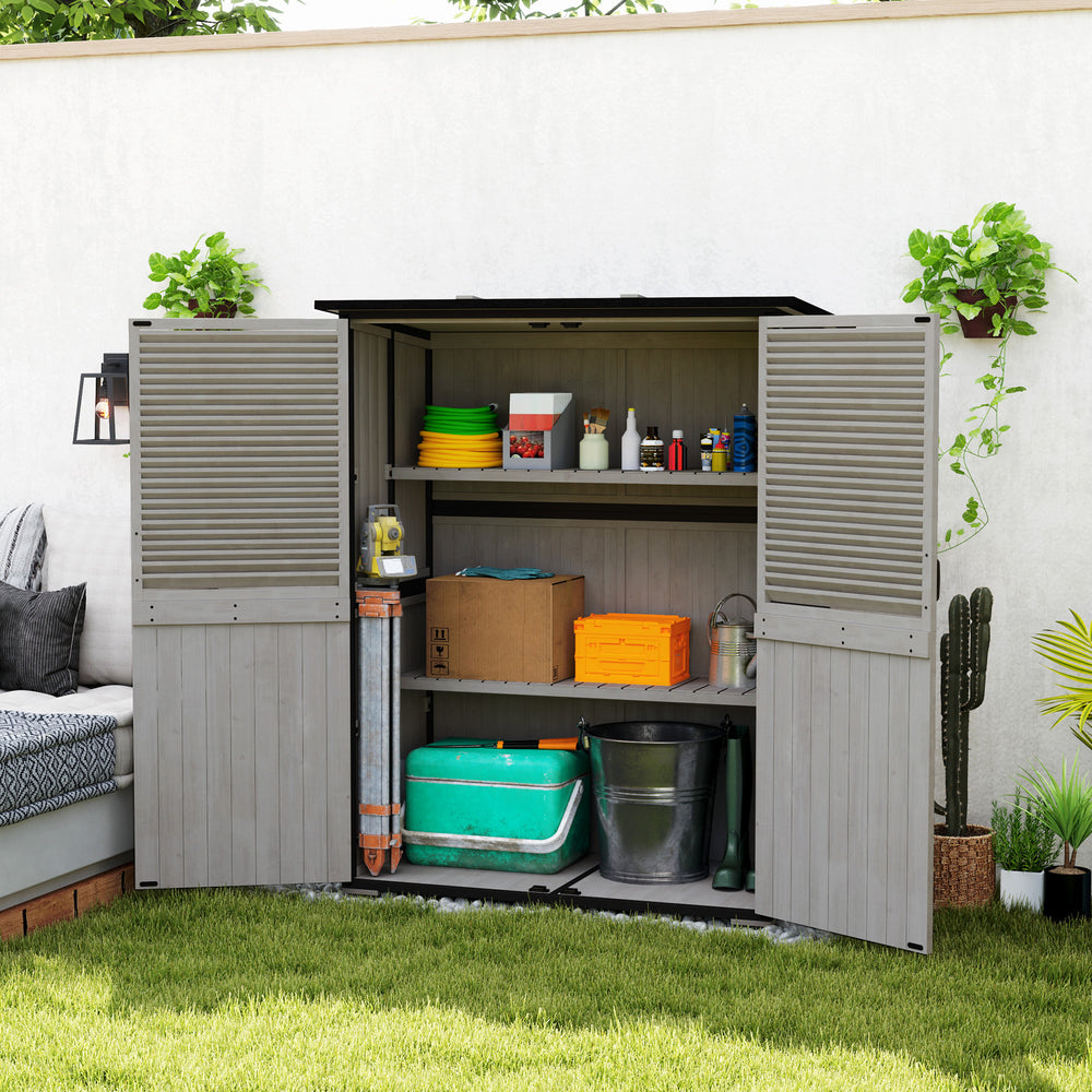 Wooden garden shed, steel frame, asphalt roof, 2 shelves and lockable doors, gray