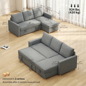 Convertible sectional sofa with pull-out bed, reversible chaise, and storage – Light gray